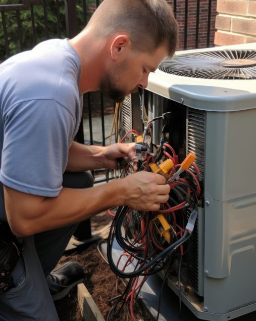 HVAC technician servicing an air conditioning unit.